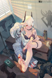 Rule 34 | 1girl, absurdres, arknights, bare legs, barefoot, black bra, black gloves, black nails, bra, breasts, cleavage, commentary request, dm (dai miao), feet, foot focus, foreshortening, gloves, highres, horns, indoors, large breasts, long hair, looking at viewer, material growth, mudrock (arknights), nail polish, oripathy lesion (arknights), red eyes, silver hair, single glove, sitting, solo, stomach, thigh strap, thighs, toenail polish, toenails, underwear, window, window blinds