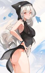 Rule 34 | 1girl, absurdres, animal hood, arknights, ass, bare shoulders, black one-piece swimsuit, breasts, casual one-piece swimsuit, cetacean tail, cmdr saturn, cowboy shot, fake tail, fins, fish, fish tail, from side, grey hair, hand on own hip, highres, hood, hood up, large breasts, long hair, looking at viewer, looking to the side, one-piece swimsuit, orca hood, parted lips, red eyes, skadi (arknights), solo, swimsuit, tail, two-tone swimsuit, very long hair, white one-piece swimsuit