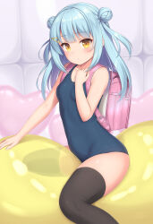 Rule 34 | aqua hair, backpack, bag, balloon, bare arms, black thighhighs, blush, breasts, closed mouth, commentary request, dango (sasaame), dot mouth, double bun, feet out of frame, hair bun, hair ornament, hairclip, highres, indoors, long hair, looking at viewer, old school swimsuit, original, randoseru, sasaame, school swimsuit, small breasts, straddling, swimsuit, thighhighs, tile wall, tiles, yellow eyes