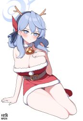 Rule 34 | 1girl, absurdres, ako (blue archive), antlers, artist name, bell, belt, black hairband, blue archive, blue eyes, blue hair, blue halo, blush, breasts, brown belt, cleavage, closed mouth, crescent halo, dated, hair between eyes, hairband, halo, hand on own chest, highres, horns, large breasts, long hair, myeolchi, neck bell, reindeer antlers, santa costume, signature, simple background, sitting, solo, white background, yokozuwari