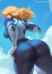 1girl araneesama ass back blonde_hair blue_bodysuit blue_eyes blue_sky bodysuit breasts highres huge_ass large_breasts long_hair looking_at_viewer looking_back marvel marvel_rivals sky solo sue_storm thighs two-tone_bodysuit white_bodysuit