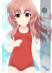 Rule 34 | 1girl, artist name, blush, brown eyes, brown hair, character name, collarbone, commentary request, cowboy shot, eyes visible through hair, flat chest, highres, inaba shiki, kantai collection, long hair, looking at viewer, new school swimsuit, one-hour drawing challenge, one-piece swimsuit, red one-piece swimsuit, school swimsuit, solo, swimsuit, thick eyebrows, wavy hair, yashiro (kancolle)