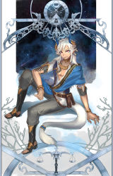 Rule 34 | 1boy, absurdres, belt, belt pouch, black pants, blue horns, highres, horns, kihato, looking at viewer, male focus, pants, pixiv fantasia, pixiv fantasia age of starlight, pointy ears, pouch, red eyes, sidelocks, sitting, sky, solo, star (sky), starry sky, tail, tattoo, weighing scale, white hair