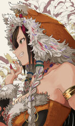 Rule 34 | 1girl, animal ears, armlet, bare shoulders, black hair, blush, breasts, brown eyes, cleavage, collarbone, dress, fake animal ears, fingernails, from side, fur-trimmed dress, fur-trimmed headwear, fur-trimmed sleeves, fur trim, grin, highres, idolmaster, idolmaster cinderella girls, idolmaster cinderella girls starlight stage, jewelry, large breasts, leaf, long hair, looking at another, mukai takumi, necklace, sawarakajin, sharp fingernails, smile, solo, white background, wolf ears