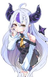 Rule 34 | 1girl, ahoge, ascot, bare shoulders, black horns, braid, braided bangs, detached sleeves, grey hair, hand on own face, highres, hololive, horns, kozakura-kun, la+ darknesss, la+ darknesss (1st costume), long hair, looking at viewer, multicolored hair, nail polish, pointy ears, purple hair, purple nails, solo, streaked hair, striped horns, virtual youtuber, yellow ascot