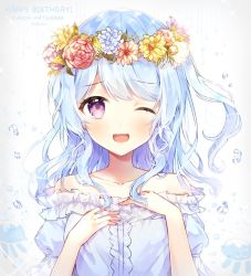 Rule 34 | 1girl, ;d, bad id, bad pixiv id, bang dream!, blue hair, character name, collarbone, dated, flower, frilled shirt collar, frilled sleeves, frills, hands on own chest, happy birthday, head wreath, jellyfish, light blue hair, long hair, looking at viewer, matsubara kanon, off-shoulder shirt, off shoulder, one eye closed, one side up, open mouth, purple eyes, rose, shirt, smile, solo, sparkle, star (symbol), taya oco, tearing up, tears, upper body, water drop, white shirt