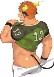 Rule 34 | 1boy, american football uniform, animal ears, ass, brown hair, clothes lift, fiery horns, from behind, gondom, green horns, highres, horns, male focus, shirt lift, simple background, solo, sportswear, tail, tokyo houkago summoners, wakan tanka, white background