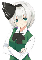 Rule 34 | 1girl, 9150namihana, absurdres, black bow, black bowtie, black hairband, blouse, bow, bowtie, breasts, closed mouth, collared shirt, commentary request, crossed arms, green eyes, grey hair, hairband, highres, konpaku youmu, long sleeves, pout, shirt, short hair, simple background, small breasts, solo, touhou, upper body, white background, white shirt