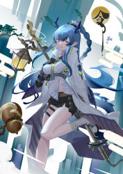Rule 34 | 1girl, :d, absurdres, arknights, belt, black gloves, black shorts, blue eyes, blue hair, boots, braid, chinese commentary, coat, commentary request, dragon girl, dragon horns, dragon tail, earrings, egasumi, elbow gloves, gloves, gourd, hand on own chest, highres, holding, holding staff, horns, hunxuemeilin, jewelry, knee boots, lantern, leg up, ling (arknights), long hair, looking at viewer, open clothes, open coat, open mouth, parted lips, pointy ears, pouch, shirt, short shorts, shorts, smile, solo, staff, standing, standing on one leg, tail, thigh strap, underbust, very long hair, white coat, white footwear, white shirt