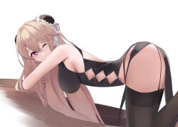 Rule 34 | 1girl, absurdres, all fours, anchorage (azur lane), anchorage (moonlit boat ride) (azur lane), azur lane, back cutout, backless outfit, bare shoulders, black panties, black thighhighs, braid, bun cover, china dress, chinese clothes, clothing cutout, double bun, dress, from side, garter straps, hair bun, highres, lace, lace-trimmed panties, lace trim, light brown hair, long hair, looking at viewer, obniermarbiss, one eye closed, panties, single braid, sleeveless, sleeveless dress, sparkling eyes, thighhighs, underwear, white background