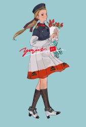 Rule 34 | 1girl, 3107 (satona), black socks, blue background, boots, bouquet, brown hair, character name, dress, flower, full body, hat, highres, holding, holding bouquet, kneehighs, long hair, long sleeves, red eyes, red flower, ribbon, simple background, socks, solo, standing, tulip, turkish flag, victory belles, yavuz (victory belles)