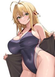 Rule 34 | 1girl, akahara tyun, antenna hair, blonde hair, blue one-piece swimsuit, breasts, cleavage, competition swimsuit, green eyes, holding, holding towel, large breasts, long hair, one-piece swimsuit, solo, swimsuit, thighs, towel, tsurumaki maki, voiceroid