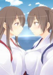 Rule 34 | 10s, 2girls, akagi (kancolle), bad id, bad pixiv id, breast press, breasts, brown eyes, brown hair, cloud, day, japanese clothes, kaga (kancolle), kantai collection, large breasts, long hair, looking at another, multiple girls, ocean, personification, pleated skirt, shinsono shiroko, side ponytail, skirt, sky, symmetrical docking, yuri