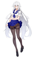 Rule 34 | 1girl, absurdres, arm behind back, azur lane, black footwear, black pantyhose, blue skirt, breasts, chinese commentary, closed mouth, clothes lift, collarbone, curled fingers, dot nose, frilled skirt, frills, full body, gluteal fold, green eyes, hair between eyes, high-waist pantyhose, highres, large breasts, long hair, looking at viewer, midriff, pantyhose, school uniform, shirt, short sleeves, simple background, skirt, skirt lift, solo, sovetsky soyuz (azur lane), very long hair, white background, white hair, white shirt, wsfw