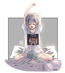 Rule 34 | 1girl, = =, ahegao, animal, arms up, artist logo, asymmetrical sidelocks, bed sheet, black choker, blue hair, border, braid, casual, cat, character print, choker, collarbone, commentary, dated, framed, grey background, grey hair, hand on own elbow, highres, hina misora, indian style, ko20 art, light particles, messy hair, multicolored hair, o-ring, o-ring choker, on bed, open mouth, outside border, oversized clothes, oversized shirt, pillow, rurine luna, shirt, short hair, signature, single braid, sitting, spanish commentary, streaked hair, stretching, two-tone hair, virtual youtuber, wactor production, wavy mouth, white border, white cat, white shirt, yawning