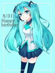 Rule 34 | 1girl, absurdly long hair, anniversary, aqua background, aqua eyes, aqua hair, aqua neckwear, arms behind back, artist name, artist request, bare shoulders, black skirt, black sleeves, black thighhighs, blue eyes, blue hair, blue neckwear, breasts, collarbone, collared shirt, detached sleeves, female focus, frilled shirt collar, frills, hagenoko pic, hair between eyes, hair ornament, hatsune miku, headphones, headset, kamuro amane, long hair, looking at viewer, microphone, miniskirt, nail polish, neckerchief, necktie, parted lips, pleated skirt, shirt, skirt, sleeveless, sleeveless shirt, sleeves past wrists, small breasts, smile, solo, thighhighs, twintails, very long hair, vocaloid, white shirt, wide sleeves, wing collar, zettai ryouiki