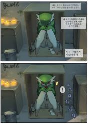 Rule 34 | !, 1girl, alley, artist name, bags under eyes, bob cut, box, bucket, colored skin, creatures (company), crying, evolutionary stone, fire stone, game freak, gardevoir, gen 3 pokemon, glowing, graffiti, green hair, green skin, gu deulmok, hair between eyes, hands on own knees, head down, highres, in container, knees together feet apart, knees up, korean text, looking down, multicolored skin, night, nintendo, outdoors, own hands together, pokemon, pokemon (creature), red eyes, sad, short hair, signature, sitting, speech bubble, spoken exclamation mark, tears, translation request, two-tone skin, white skin, wooden box