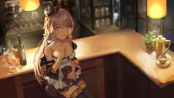 Rule 34 | 1girl, alcohol, armpit peek, bench, blush, body writing, bottle, breasts, brown hair, character name, cleavage, collarbone, cross, cross necklace, cup, dress, drinking glass, fany, girls&#039; frontline, glass, hair between eyes, hand on own chest, hat, highres, holding, holding stuffed toy, jacket, jewelry, kettle, lampshade, large breasts, legs together, light, light particles, long hair, looking at viewer, m37 (girls&#039; frontline), messy hair, necklace, off shoulder, open clothes, open jacket, open mouth, orange eyes, plant, pleated skirt, potted plant, saucer, short dress, sitting, skirt, smile, solo, stool, strapless, strapless dress, stuffed animal, stuffed toy, teddy bear, very long hair, white dress, wine, wine bottle, wine glass