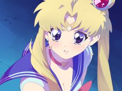 Rule 34 | 1girl, aetherion, bishoujo senshi sailor moon, breasts, choker, cleavage, crescent, crescent earrings, derivative work, double bun, earrings, forehead protector, hair bun, heart, heart choker, highres, jewelry, magical girl, meme, parted lips, sailor collar, sailor moon, sailor moon redraw challenge (meme), solo, tsukino usagi, twintails