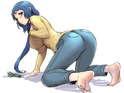 Rule 34 | 10s, 1girl, all fours, ass, barefoot, blue eyes, blue hair, blush, breasts, denim, feet, gundam, gundam build fighters, highres, iori rinko, jeans, large breasts, long hair, looking at viewer, looking back, low ponytail, mature female, one eye closed, pants, ponytail, ribbed sweater, simple background, smile, soles, solo, sweater, toes, turtleneck, white background, whoosaku