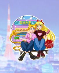 Rule 34 | 2girls, aino minako, bishoujo senshi sailor moon, blonde hair, blue eyes, bow, breasts, can, crossed legs, drink can, heart, highres, long hair, medium breasts, multiple girls, open mouth, pants, red bow, short sleeves, sitting, skateboard, smile, soda can, sol lennon, tsukino usagi, twintails