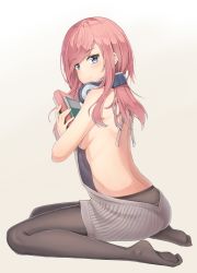 Rule 34 | 1girl, absurdres, artist request, bare arms, bare back, bare shoulders, black pantyhose, blue eyes, blush, book, breasts, closed mouth, commentary request, feet, fingernails, from behind, full body, go-toubun no hanayome, hair between eyes, headphones, headphones around neck, highres, holding, holding book, long hair, looking at viewer, looking back, meme attire, nakano miku, pantyhose, pink hair, seiza, sideboob, simple background, sitting, smile, soles, solo, thighs, toes, unicron (brous), virgin killer sweater