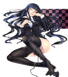 Rule 34 | 1girl, ass, bad id, bad pixiv id, ban! (bansankan), black hair, black necktie, black pantyhose, blazer, blouse, blue hair, blunt bangs, checkered background, clothes pull, collared shirt, controller, feet, female protagonist (houkago play), full body, game console, game controller, gradient background, hime cut, houkago play, jacket, long hair, long legs, looking at viewer, lying, necktie, no shoes, pantyhose, pantyhose pull, parted lips, shirt, slit pupils, solo, toes, very long hair, white background, white shirt, yellow eyes