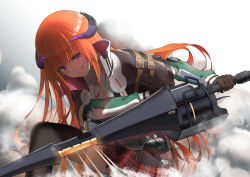 Rule 34 | 1girl, arknights, bagpipe (arknights), black gloves, black thighhighs, commentary, explosive, gloves, grenade, grin, hand grenade, highres, holding, holding lance, holding polearm, holding weapon, horns, jacket, lance, long hair, long sleeves, looking at viewer, miniskirt, orange hair, plaid, plaid skirt, polearm, purple eyes, red skirt, ri qing, segmented horns, skirt, smile, solo, thighhighs, weapon