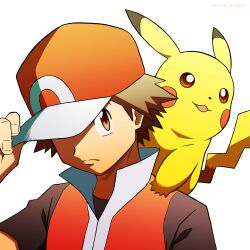 Rule 34 | 1boy, brown eyes, brown hair, closed mouth, commentary request, creatures (company), frown, game freak, gen 1 pokemon, hand on headwear, hand up, highres, jacket, kuroki shigewo, male focus, nintendo, pikachu, pokemon, pokemon (creature), pokemon hgss, pokemon on back, popped collar, red (pokemon), short sleeves, spiked hair, two-tone headwear, wristband