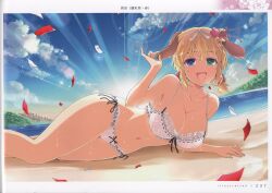 Rule 34 | 1girl, absurdres, bare shoulders, beach, blonde hair, blue eyes, blue sky, bra, breasts, cloud, cloudy sky, confetti, green eyes, heterochromia, highres, large breasts, looking at viewer, lying, ocean, official art, open mouth, page number, panties, ryouna (senran kagura), scan, senran kagura, senran kagura new link, shiny skin, simple background, sky, smile, solo, sunlight, thighs, underwear, water, yaegashi nan