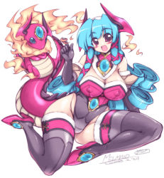 Rule 34 | armor, blue hair, blush, breasts, covered erect nipples, fire, gloves, high heels, hip focus, horns, large breasts, red eyes, shoes, tail, thighhighs