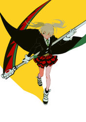 Rule 34 | gloves, looking to the side, maka albarn, scythe, simple background, skirt, solo, soul eater, ttk211, twintails