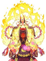 Rule 34 | 2girls, black hair, blonde hair, bow, chacha (fate), claws, clenched hands, colored skin, commentary, facial mark, facial tattoo, fang, fate/grand order, fate (series), fire, floral print, glowing, glowing eyes, hair bow, horns, ibaraki douji (fate), japanese clothes, kimono, long hair, long sleeves, looking at viewer, magic, multicolored skin, multiple girls, namie-kun, obi, oni, oni horns, open mouth, orange eyes, own hands together, print kimono, purple kimono, red skin, rope, sash, simple background, smile, tassel, tattoo, white background, wide sleeves, yellow eyes, yellow kimono