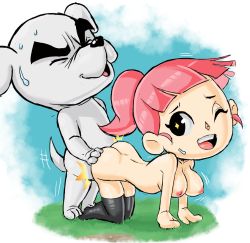 Rule 34 | 1girl, :d, all fours, animal crossing, ass, ass grab, black eyes, black thighhighs, blunt bangs, bouncing breasts, breasts, butt crack, closed eyes, dog, doggystyle, drawfag, full body, furry, grass, happy sex, k.k. slider (animal crossing), looking back, nature, nintendo, nipples, nude, on ground, open mouth, outdoors, pink hair, ponytail, sex, sex from behind, skindentation, smile, symbol-shaped pupils, tail, teevo, thighhighs, villager (animal crossing)