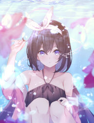 Rule 34 | 1girl, armpits, bikini, black bikini, black hair, black wings, blue archive, blurry, blurry foreground, blush, collarbone, depth of field, highres, hojiro same, holding, holding own hair, knees up, looking at viewer, mashiro (blue archive), mashiro (swimsuit) (blue archive), official alternate costume, purple eyes, solo, swimsuit, underwater, wings