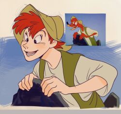 Rule 34 | 1boy, black eyes, blush, br&#039;er fox (disney), bright pupils, brown hat, derivative work, green vest, hat, humanization, leaning forward, lower teeth only, male focus, open mouth, red hair, reference inset, screenshot redraw, shirt, short hair, solo, song of the south, teeth, uochandayo, upper body, vest, white pupils, white shirt