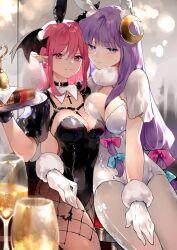Rule 34 | 2girls, alcohol, black corset, blue bow, bow, braid, breasts, bunny day, champagne, cleavage, corset, glass, hair bow, highres, koakuma, large breasts, leotard, long hair, looking at viewer, medium breasts, multiple girls, patchouli knowledge, pink bow, pink eyes, pink hair, playboy bunny, purple eyes, purple hair, revision, risui (suzu rks), thighs, touhou, twin braids, very long hair, white corset