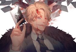 Rule 34 | 1boy, black necktie, black suit, blonde hair, blood, blood on face, bow (tanaka 1001), card, cigarette, coat, coat on shoulders, donquixote rocinante, formal, fur coat, heart, highres, holding, holding card, joker (playing card), long sleeves, looking at viewer, makeup, male focus, necktie, one piece, playing card, red eyes, shirt, short hair, signature, simple background, smile, smoke, smoking, solo, suit, upper body, white background, white shirt