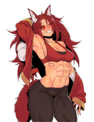 Rule 34 | 1girl, abs, absurdres, animal ears, armpits, bandage on face, bandages, blush, breasts, cleavage, fox ears, fox tail, gourd, highres, jacket, kitsune, long hair, looking at viewer, minew, muscular, muscular female, open clothes, open jacket, original, red eyes, simple background, small breasts, solo, tail, tank top, white background, yellow eyes