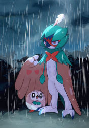 Rule 34 | 1other, absurdres, arm up, beak, bird, black sclera, blue fur, body fur, brown eyes, brown fur, brown wings, bush, closed mouth, colored sclera, creatures (company), decidueye, evolutionary line, feathered wings, full body, furry, game freak, gen 7 pokemon, grass, half-closed eyes, highres, horezai, looking at another, looking at viewer, looking up, multicolored fur, night, nintendo, open mouth, other focus, outdoors, pokemon, pokemon (creature), rain, red fur, red pupils, rowlet, solo focus, standing, white eyes, white fur, wings