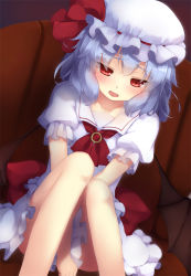 Rule 34 | 1girl, bat wings, blue hair, blush, bow, brooch, depressed, gengetsu chihiro, hat, hat bow, jewelry, mob cap, open mouth, puffy sleeves, red eyes, remilia scarlet, sitting, solo, tears, touhou, wings