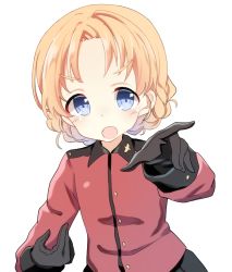 Rule 34 | 10s, 1girl, agaki anko, bad id, bad pixiv id, black gloves, black skirt, blue eyes, braid, girls und panzer, gloves, jacket, long sleeves, looking at viewer, military, military uniform, open mouth, orange hair, orange pekoe (girls und panzer), pleated skirt, red jacket, short hair, simple background, skirt, solo, st. gloriana&#039;s military uniform, standing, twin braids, uniform, upper body, white background