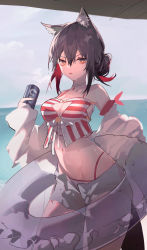 Rule 34 | 1girl, absurdres, animal ear fluff, animal ears, arknights, arm ribbon, bare shoulders, beach, bikini, bikini under clothes, black hair, breasts, can, chinese commentary, choker, cleavage, cleavage cutout, clothing cutout, collarbone, colored inner hair, commentary request, cookie (ppyf5328), cowboy shot, ear piercing, female focus, grey shorts, hair bun, hand up, highleg, highleg bikini, highres, holding, holding can, innertube, jacket, long sleeves, looking at viewer, medium breasts, multicolored hair, navel, ocean, off shoulder, orange eyes, outdoors, parted lips, piercing, red bikini, red hair, red ribbon, ribbon, short shorts, shorts, single hair bun, sky, solo, stomach, striped bikini, striped clothes, sweat, swim ring, swimsuit, texas (arknights), white bikini, white choker, white jacket, wolf ears
