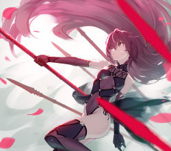 Rule 34 | 1girl, aged down, alternate breast size, bare shoulders, breasts, covered navel, elbow gloves, fate/grand order, fate (series), gae bolg (fate), gloves, hair between eyes, highleg, highleg leotard, highres, large breasts, leotard, long hair, petals, polearm, purple gloves, purple hair, purple leotard, purple thighhighs, red eyes, revision, scathach (fate), siino, solo, spear, thighhighs, thighs, weapon