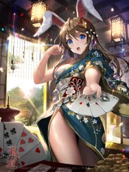 Rule 34 | 1girl, ace (playing card), ace of clubs, ace of diamonds, ace of hearts, ace of spades, animal ears, architecture, blue eyes, bridge, brown hair, card, club (shape), clubs, dated, diamond (shape), east asian architecture, furyou michi ~gang road~, hair ornament, heart, highres, indoors, long hair, open mouth, playing card, poker, rabbit ears, rebecca myers, solo focus, spade, spade (shape), tob, tree
