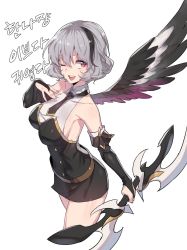 Rule 34 | 1girl, ;d, arpiel, bare shoulders, black dress, black gloves, black wings, breasts, bridal gauntlets, dress, elbow gloves, fingerless gloves, gloves, grey hair, hair between eyes, hand on own chest, hannah (arpiel), highres, korean text, large breasts, looking away, short necktie, one eye closed, open mouth, red eyes, short dress, short hair, simple background, single wing, smile, solo, supernew, weapon, white background, wings