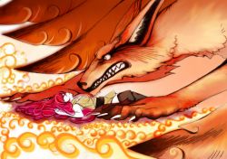 Rule 34 | 1girl, bijuu, demon fox, kitsune, kunoichi, kurama (naruto), kyuubi, kyuubi (naruto), long hair, multiple tails, naruto (series), naruto shippuuden, red hair, solo, suzume, tail, uzumaki kushina