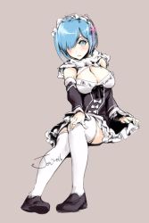 Rule 34 | 10s, 1girl, 2016, apron, artist name, beige background, black bow, black ribbon, blue eyes, blue hair, bow, breasts, cleavage, dated, detached sleeves, dress, frilled dress, frilled skirt, frilled sleeves, frills, hair ornament, hair over one eye, jon tw, large breasts, looking at viewer, maid, maid headdress, matching hair/eyes, medium breasts, open mouth, re:zero kara hajimeru isekai seikatsu, rem (re:zero), ribbon, short hair, signature, simple background, skirt, solo, thighhighs, underbust, white thighhighs, x hair ornament
