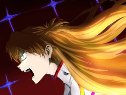Rule 34 | 1girl, angry, artist request, bodysuit, brown hair, evangelion: 3.0+1.0 thrice upon a time, floating hair, gradient background, hair ornament, highres, interface headset, long hair, looking to the side, neon genesis evangelion, open mouth, plugsuit, rebuild of evangelion, souryuu asuka langley, two side up, upper body, very long hair, white bodysuit