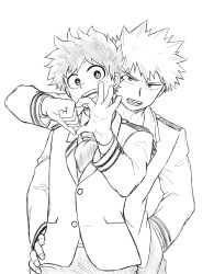 Rule 34 | 2boys, absurdres, bakugou katsuki, blazer, boku no hero academia, clenched hand, finger heart, freckles, greyscale, hand in pocket, hand on another&#039;s hip, highres, jacket, looking at viewer, male focus, midoriya izuku, monochrome, multiple boys, necktie, no control, open mouth, school uniform, simple background, smile, spiked hair, u.a. school uniform, white background, yaoi